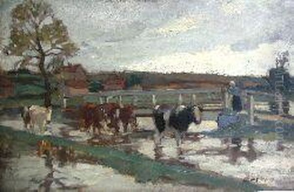 Cattle Crossing At The Ford Oil Painting by Bertram Walter Priestman