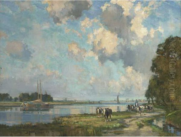 Herding Cows Along The Tow Path Oil Painting by Bertram Walter Priestman