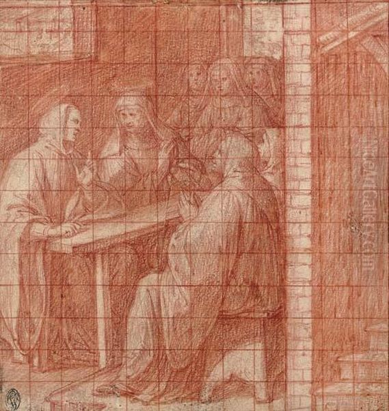 Saint Benoit Et Sainte Scholastique I Table, Entoures De Moines Et De Nonnes Oil Painting by Camillo Procaccini