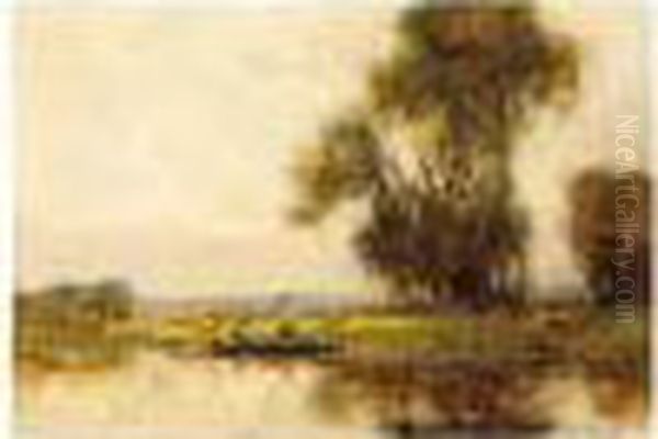 Fishing From A Punt, Signed And Dated 06, Oil On Panel, 26 X 36 Cm.; 10 1/4 X 14 In Oil Painting by Adam Edwin Proctor