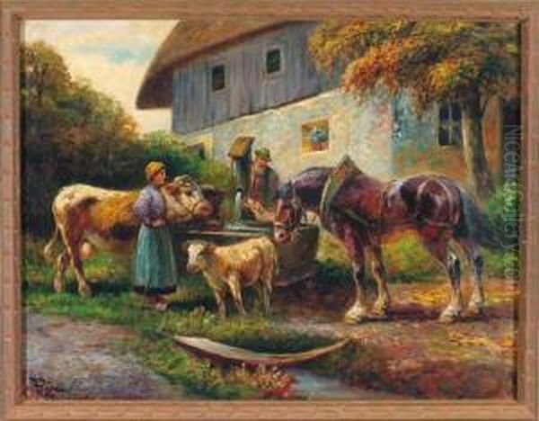 Bauernpaar Mit Einigen Tieren An Der Tranke Vor Einem Bauernhaus Oil Painting by Gustav Prucha