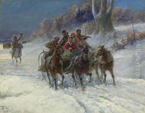 Brautzug In
 Winterlandschaft. Oil Painting by Gustav Prucha