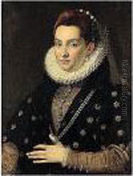 Portrait Of A Lady, Possibly 
Lucrezia Colonna, Half Length, Wearing A Black Dress With Gold Sleeves 
And High Lace Ruff Oil Painting by Scipione Pulzone