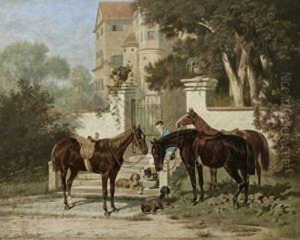 Pferde, Hunde Und Reiter Vor Einer Villa Oil Painting by Franz Quaglio
