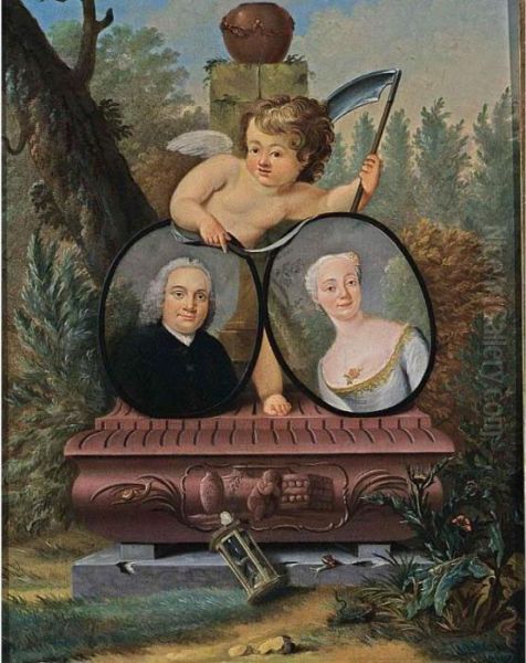 A 'memento Mori' Portrait: A 
Portrait Of A Gentleman, Bust Length, Wearing A Black Suit, And A 
Portrait Of His Wife, Bust Length, Wearing A Grey Silk Dress, Both In 
Painted Ovals, On A Red Stone Pedestal, Together With A Putto Holding A 
Scythe, An Oil Painting by Jan Maurits Quinkhard