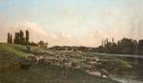 Troupeau Au Paturage Pres De La Mare Oil Painting by Clement Quinton