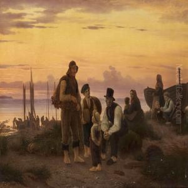Hornbeks Fiskere Paa Deres Samlingsplads Om Aftenen Efter Endtdagsvaerk Oil Painting by Peter Johann Raadsig