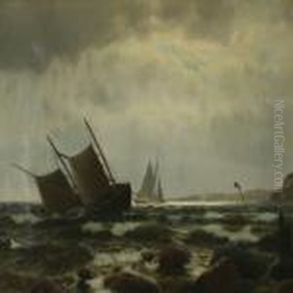 Coastal Scenery With Sailing Ships Oil Painting by J.E. Carl Rasmussen