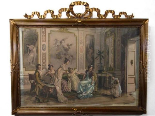 Herrschaftliches Interieur Mit 
Eleganter Frohlicher Gesellschaft, Im Empirestil Gekleidet. Oil Painting by Vittorio Reggianini