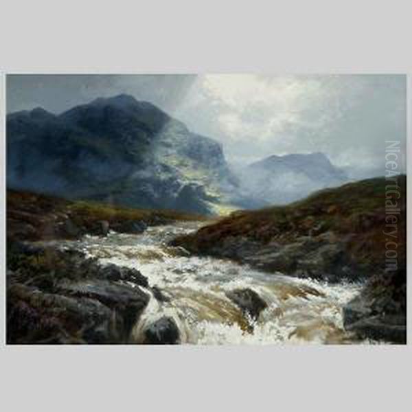 M. Rennie.british . Mountain 
River Landscape. Oil On Board. 14 1/2x 20 Inches. Signed Lower Left: G. 
M. Rennie Oil Painting by George Melvin Rennie