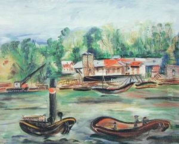Barki Na Rzece Oil Painting by Irena Hassenberg Reno