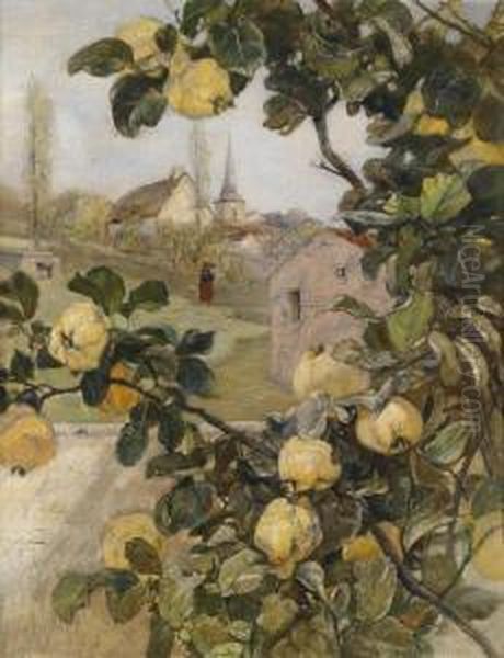 Branch Of A Quince Tree Withview Of A Small Village In Luxembourg Oil Painting by Rudolf Ribarz