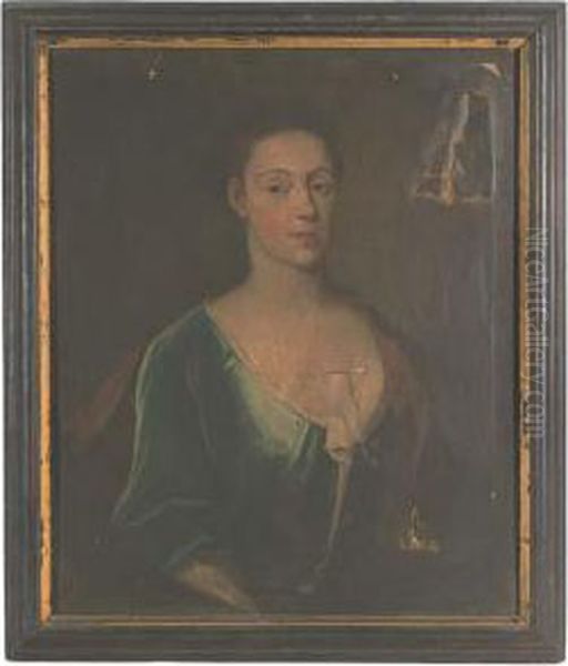 Portrait Of A Lady, Presumably A
 Member Of The Mostyn Or The Lloyd Family, Bust-length, In A Blue Dress 
With Pink Wrap, Feigned Oval Oil Painting by Jonathan Richardson