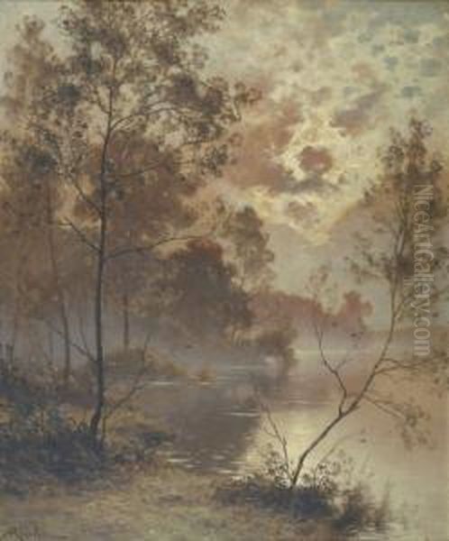 Effet De Lune, Bord De Riviere Oil Painting by Albert Gabriel Rigolot