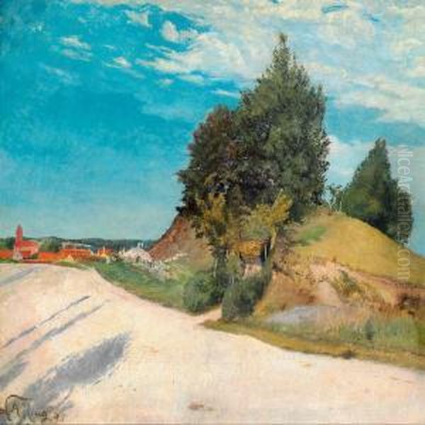 Stovet Landevej Ved En Bakke Med Popler Oil Painting by Laurits Andersen Ring