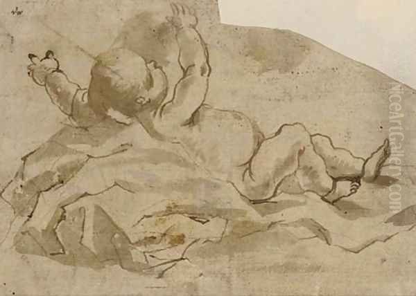An infant lying among draperies Oil Painting by Gaspare Diziani