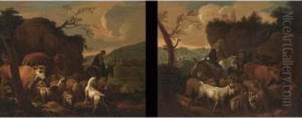 A Shepherdess On A Donkey And 
Her Herd Travelling; A Shepherd And His Wife With Their Herd Resting (a 
Pair) Oil Painting by Johann Melchior Roos