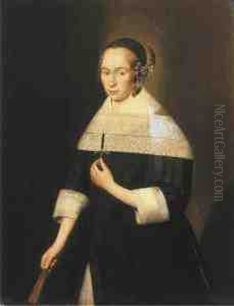 Portrait Of A Young Lady, Aged 
24, Three-quarter-length, In A Blackdress With A White Lace Collar, A 
Lace Head-dress And Dropearrings, Holding A Fan Oil Painting by Jan Albertz. Rotius