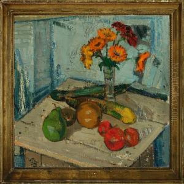 Still Life With Flowers And Fruit On A Table Oil Painting by Peter Rostrup Boyesen