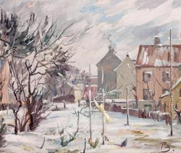 A Snow Covered Cityscape. Signed Monogram Oil Painting by Peter Rostrup Boyesen