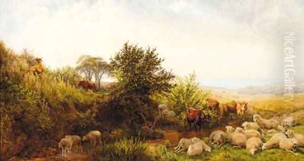 Sheep and cattle in a sunlit coastal landscape by Henry William Banks Davis, R.A.