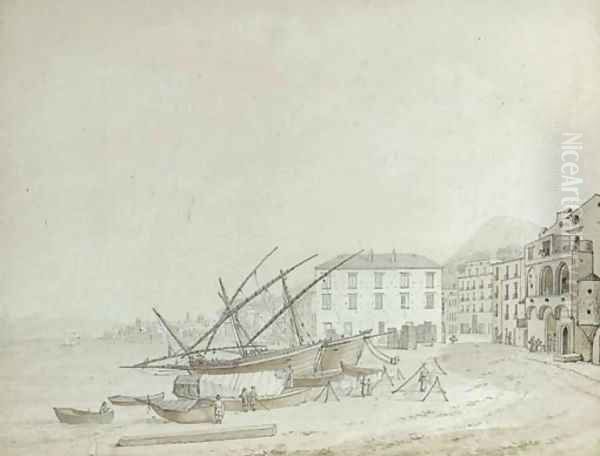 Fishing vessels moored on a beach in a Mediterranean town Oil Painting by Daniel Dupre