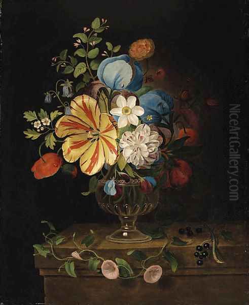 Flowers in a glass Vase with Blackcurrants on a Ledge Oil Painting by Martin Van Dorne