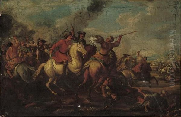 A Cavalry Skirmish Oil Painting by Georg Philipp I Rugendas