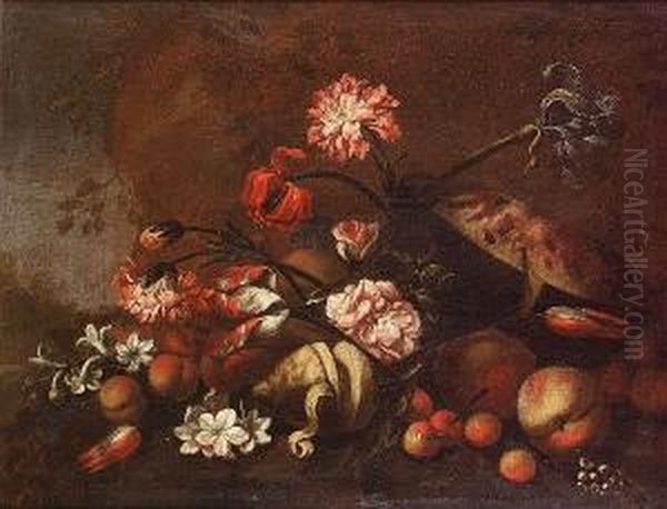 Peaches, A Melon, A Lemon And 
Other Fruit With Tulips, An Iris, Chyrsanthemums And Other Flowers In A 
Landscape; And Peaches With Narcissi, Tulips, Chrysanthemums And Other 
Flowers In A Landscape Oil Painting by Giovanni Battista Ruoppolo