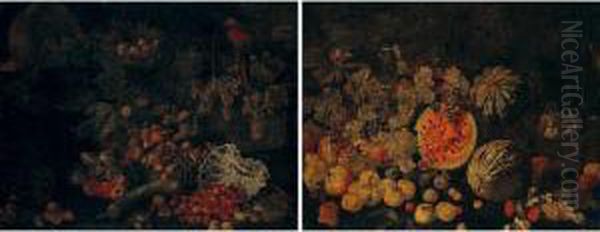 A Still Life With Fruits, 
Including Apples, Cherries, Figs, Marrow And Grapes In And Around Wicker
 Baskets Together With A Mackaw, A Blue-and-white Porcelain Dish And A 
Tortoise Oil Painting by Giovanni Battista Ruoppolo