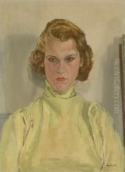Portrait Of A Lady In A Yellow Top Oil Painting by Albert Rutherston