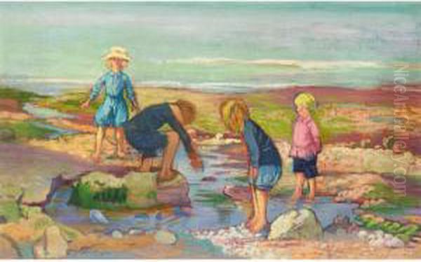 The Rothenstein Children (john, Rachel, Betty, Billy) At Vaucottes-sur-mer Oil Painting by Albert Rutherston