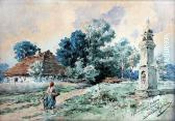 Pejzaz Wiejski Z Kapliczka Oil Painting by Tadeusz Rybkovski