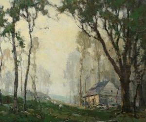 Sheep And Cottage In Grove Of Tall Trees Oil Painting by Chauncey Foster Ryder