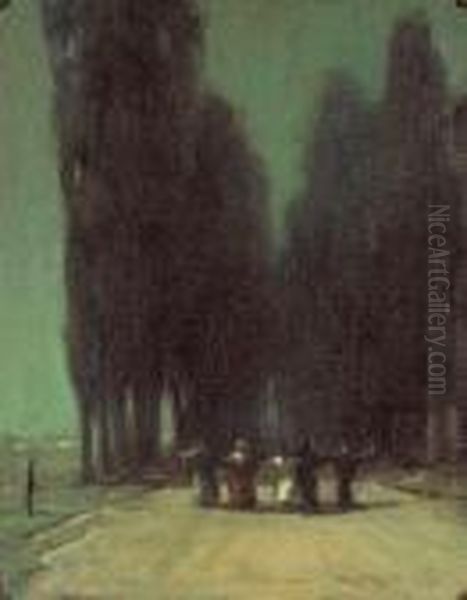 Row Of Cypress Trees With Figures Oil Painting by Chauncey Foster Ryder