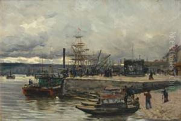 Quai Anime A Rouen, Mai 1874 Oil Painting by Henri Saintin