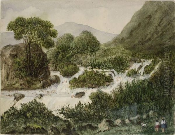 Aurore, Gabrielle Et Fadet Pres Des Chutes D'un Torrent Oil Painting by George Sand