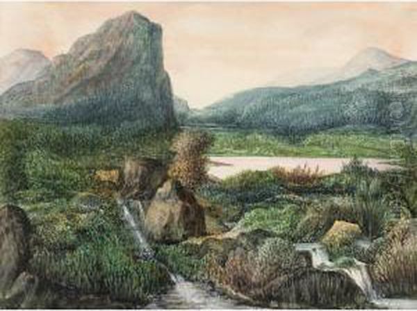 Paysage De Montagne, Lac Et Chutes D'eau Oil Painting by George Sand