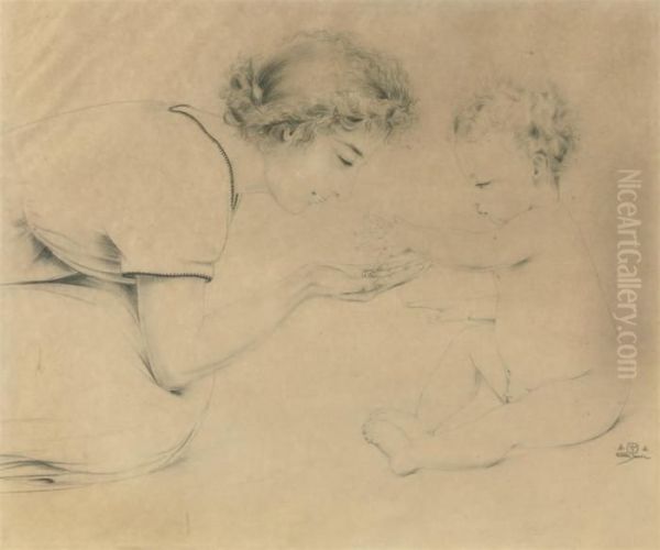Mother And Child Playing With Dice Oil Painting by Walter Sauer