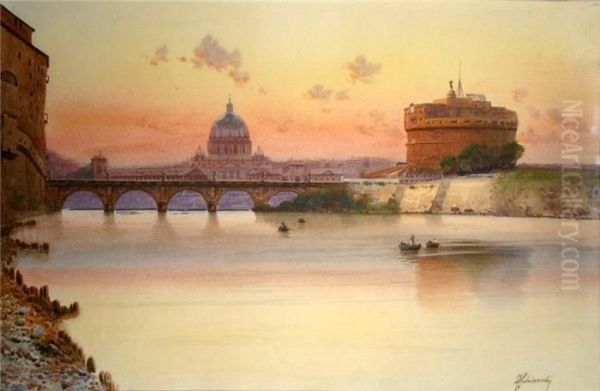 Ansicht Von Rom Mit Der Engelsburg In Der Abendrote Oil Painting by Federico Schianchi