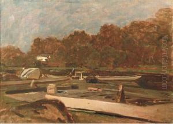 Boats At Dock Along The Riverbank by Emil Jakob Schindler