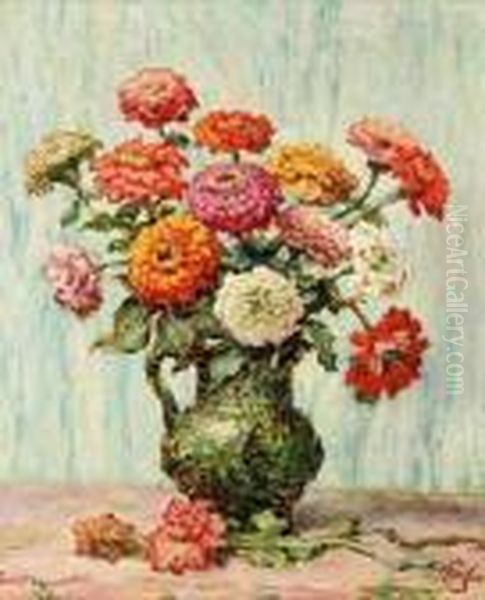 A Sunflower Bouquet With Dahlia And Gerbera Oil Painting by Willy Schlobach