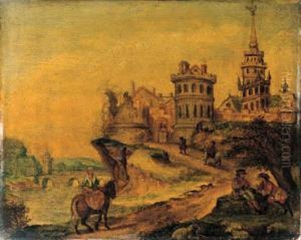 Elegant Travellers On A Path By A
 Castle; And A Peasant Womanreturning From Market On A Path By A Village Oil Painting by Mattijs Schoevaerdts