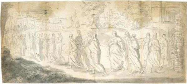 St Ursula With Her Maiden Companions Embarking For A Pilgrimage To Rome Oil Painting by Johann Heinrich Schonfeld