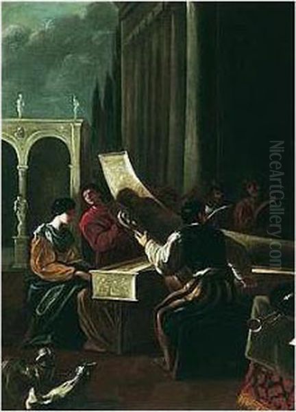 A Musical Party On A Terrace, 
With A Woman Playing The Spinet, Other Figures Singing And Playing With 
Her Oil Painting by Johann Heinrich Schonfeld
