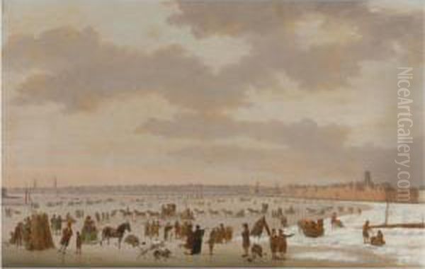 A Winter Landscape In Rotterdam 
With Skaters, Horse Drawn Carriages And Other Figures On The Frozen Maas
 River Oil Painting by Hendrick Willelm Schweickhardt