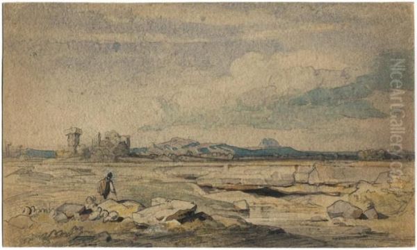 Weite Sudliche Landschaft Mit Wanderer Und Ruinen Oil Painting by August Seidel