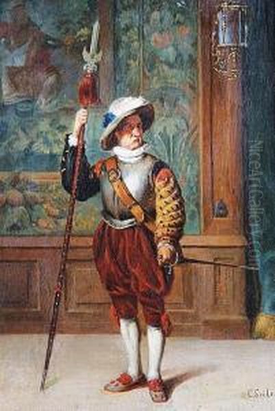 A Halberded Guard Inside A Castle Oil Painting by Carl Seiler