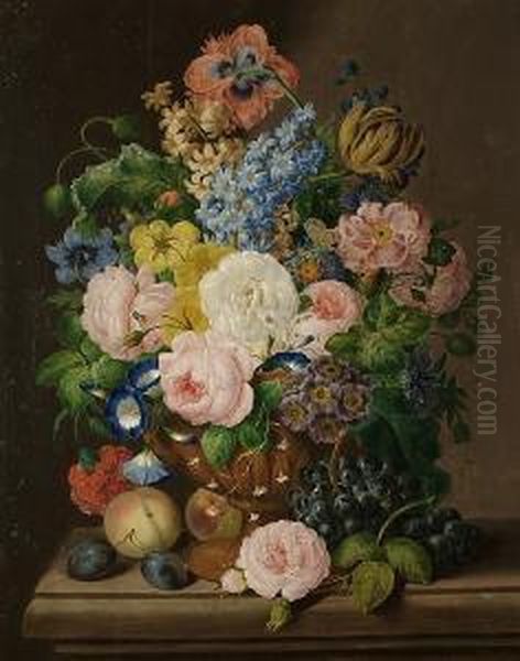 An Impressive Still Life Of Flowers In An Urn Resting On A Ledge With Fruit And Flowers Oil Painting by Georg Seitz