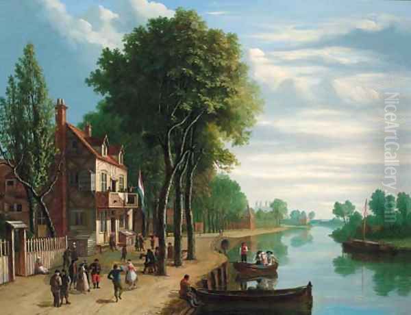 Dutch figures merrymaking on the bank of a river Oil Painting by Joseph F. Ellis